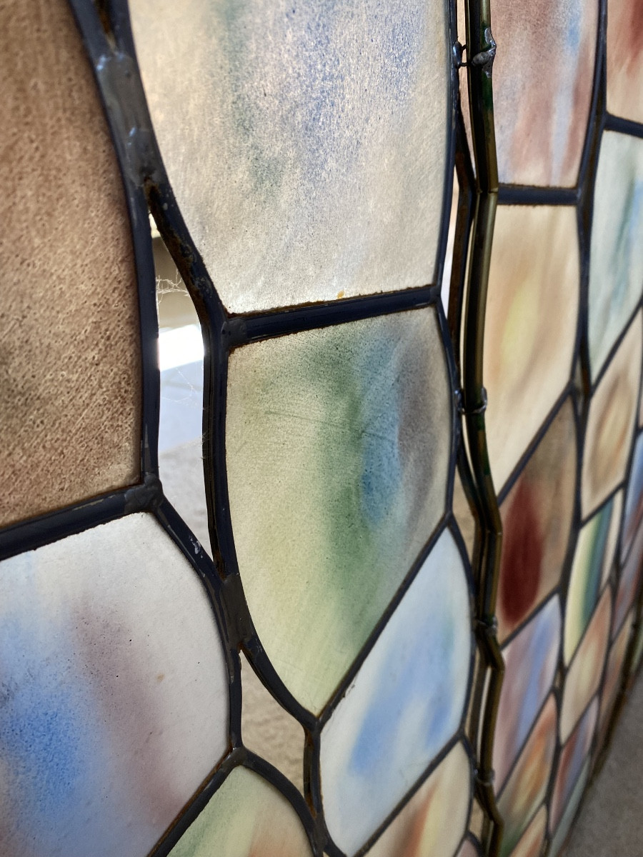 Modern Stained Glass Window Signed Jean Hennau “composition Of Tinted Glass”-photo-3