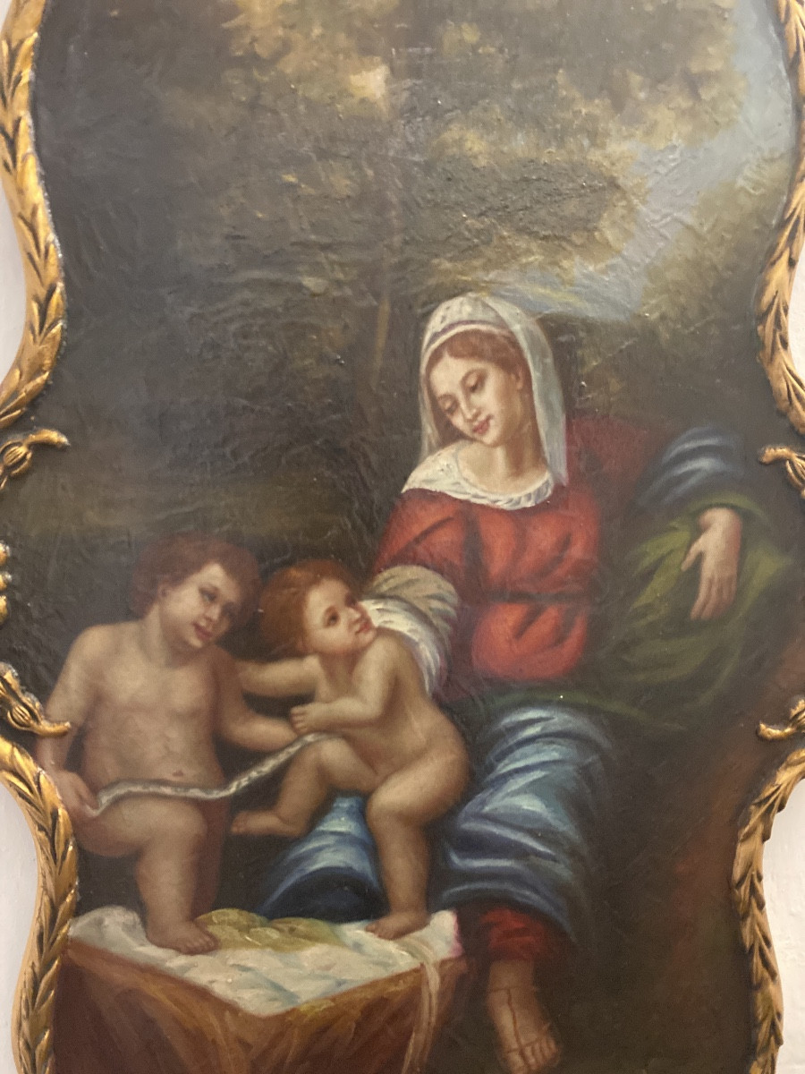 ÉCOLE ITALIENNE Fin XIXe début XXe.Huile Sur Bois «Vierge à l’enfant et  St Jean Baptiste »-photo-2