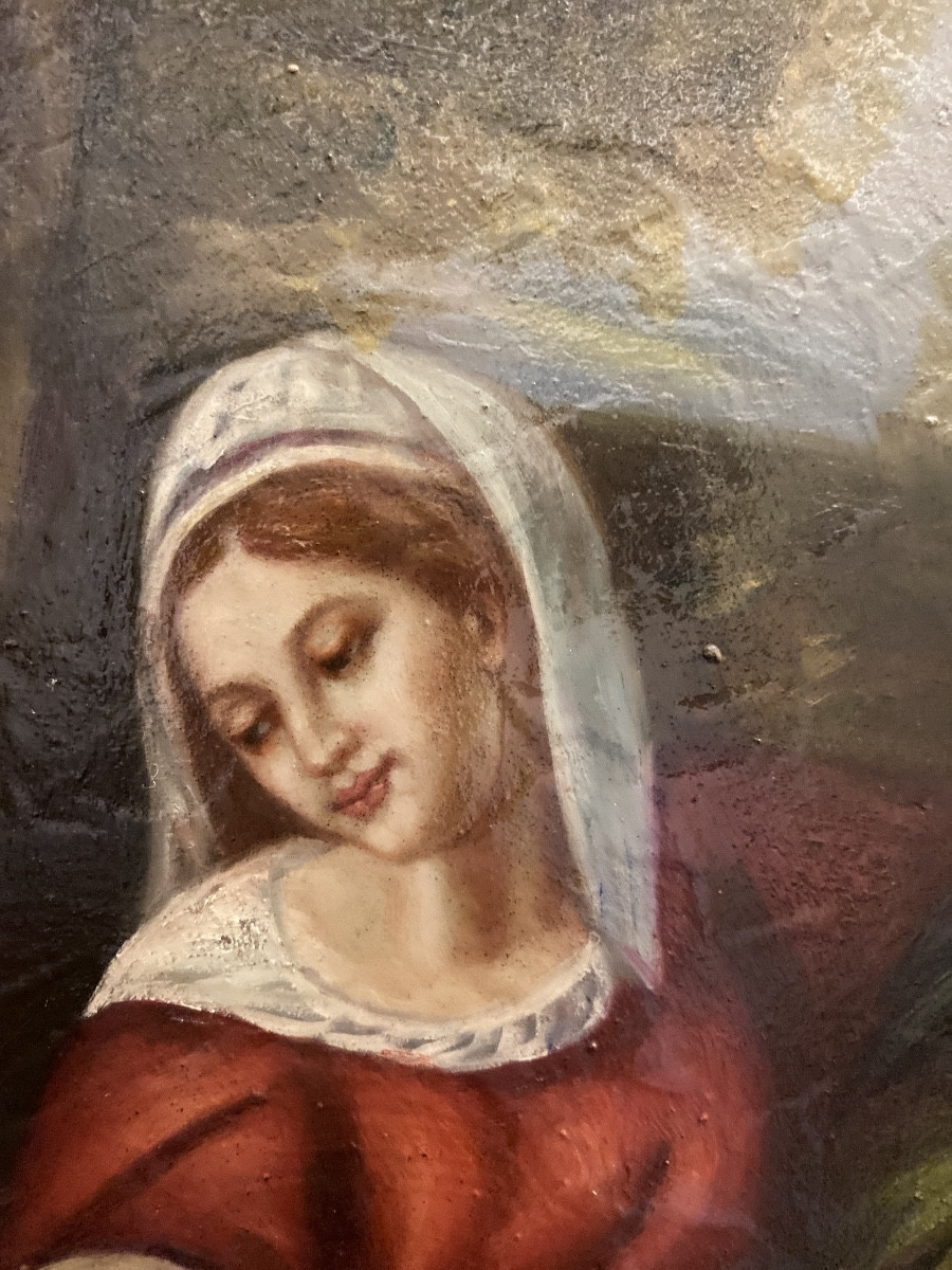 ÉCOLE ITALIENNE Fin XIXe début XXe.Huile Sur Bois «Vierge à l’enfant et  St Jean Baptiste »-photo-4