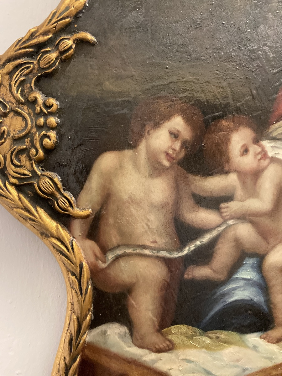 ÉCOLE ITALIENNE Fin XIXe début XXe.Huile Sur Bois «Vierge à l’enfant et  St Jean Baptiste »-photo-2