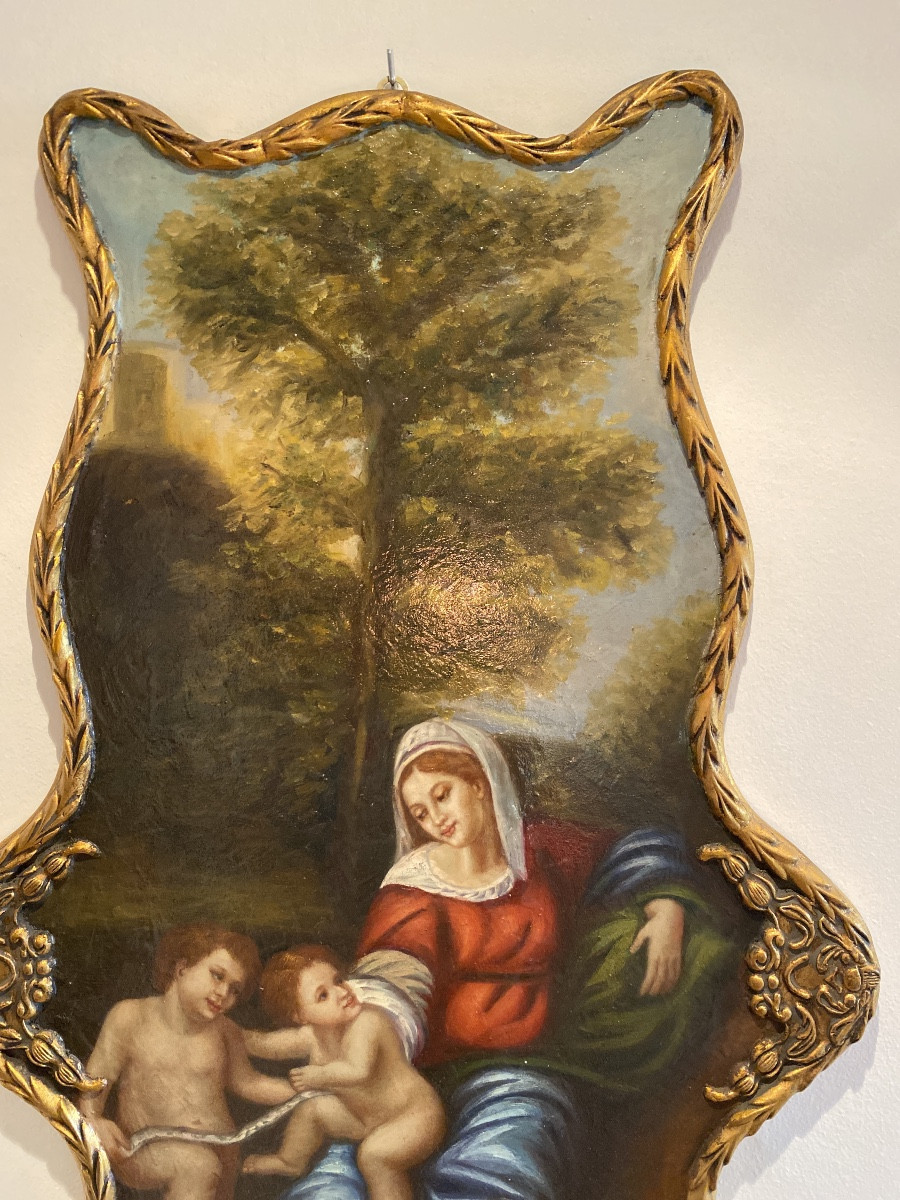ÉCOLE ITALIENNE Fin XIXe début XXe.Huile Sur Bois «Vierge à l’enfant et  St Jean Baptiste »-photo-3