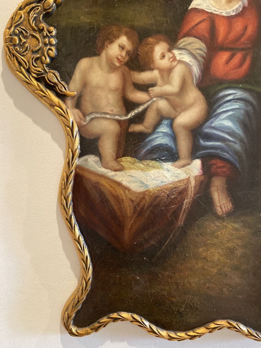 ÉCOLE ITALIENNE Fin XIXe début XXe.Huile Sur Bois «Vierge à l’enfant et  St Jean Baptiste »-photo-5