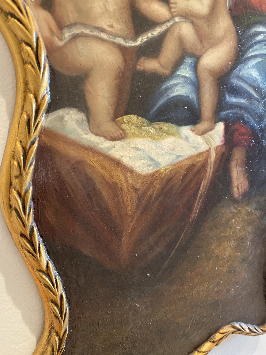 ÉCOLE ITALIENNE Fin XIXe début XXe.Huile Sur Bois «Vierge à l’enfant et  St Jean Baptiste »-photo-6