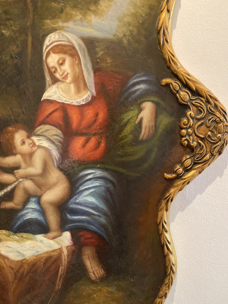 ÉCOLE ITALIENNE Fin XIXe début XXe.Huile Sur Bois «Vierge à l’enfant et  St Jean Baptiste »-photo-4