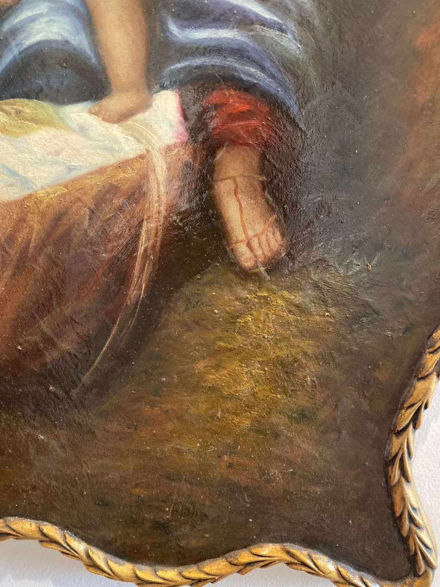 ÉCOLE ITALIENNE Fin XIXe début XXe.Huile Sur Bois «Vierge à l’enfant et  St Jean Baptiste »-photo-7