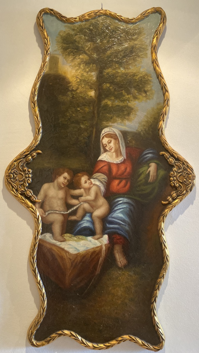ÉCOLE ITALIENNE Fin XIXe début XXe.Huile Sur Bois «Vierge à l’enfant et  St Jean Baptiste »