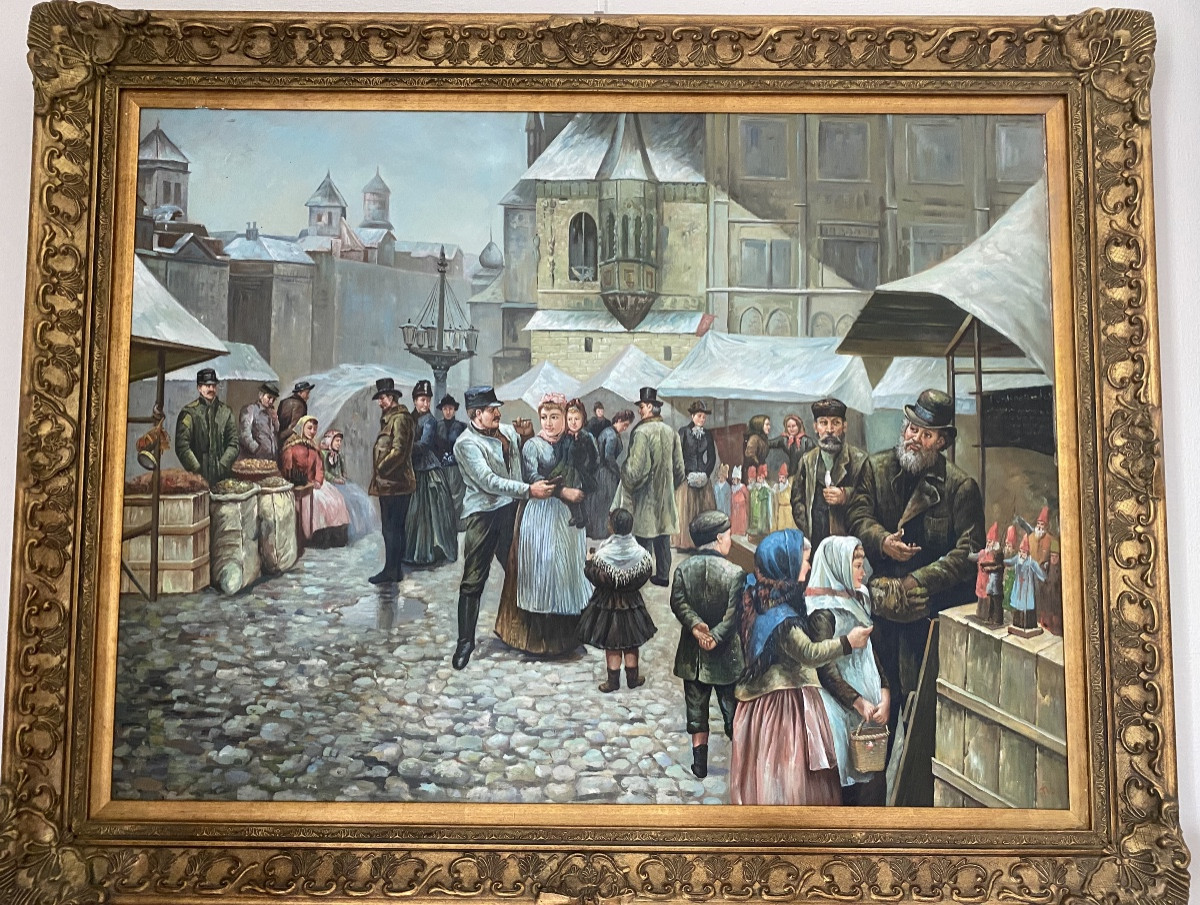 Scène de marché hivernal animée – Signée Miroff, datée 1956