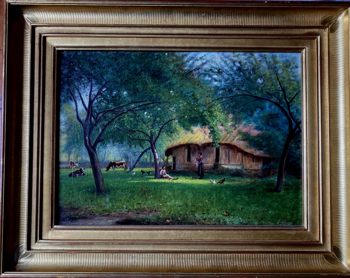 Charming Rural Scene Signed l'Abbé Donis – Oil On Canvas, 19th Century