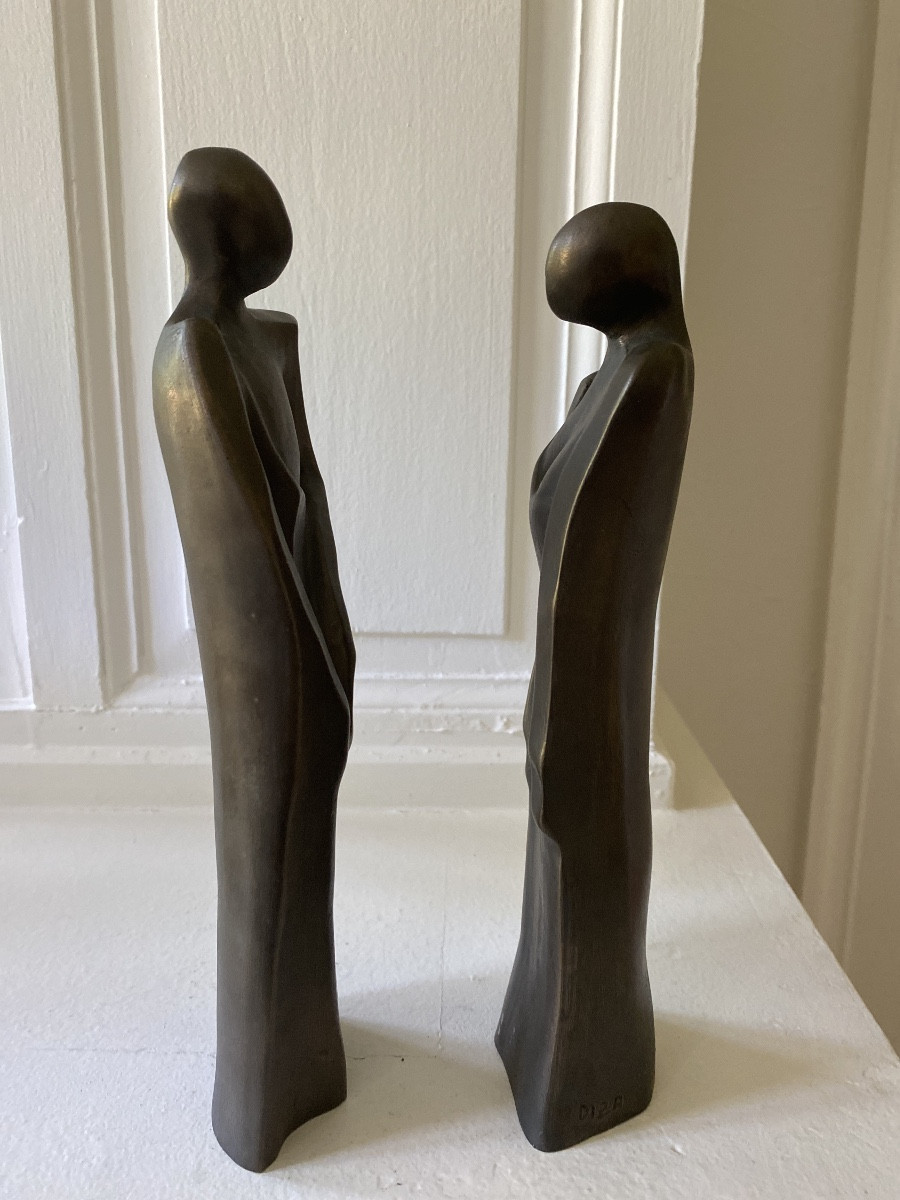 Paire de sculptures modernistes en bronze signées DIZA – Couple stylisé-photo-3