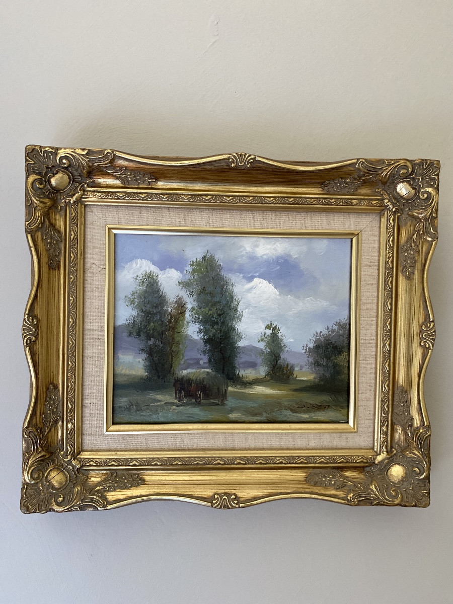 Oil On Canvas Signed J. Bem – Animated Landscape – Sculpted Frame – 20th Century