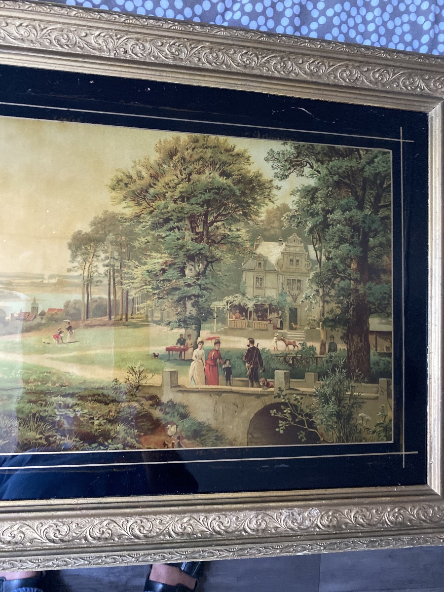 Polychrome Glass Painting – Scene Of Bourgeois Life Circa 1880-photo-4