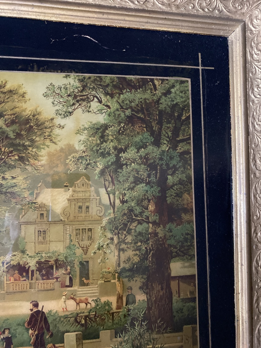 Polychrome Glass Painting – Scene Of Bourgeois Life Circa 1880-photo-5