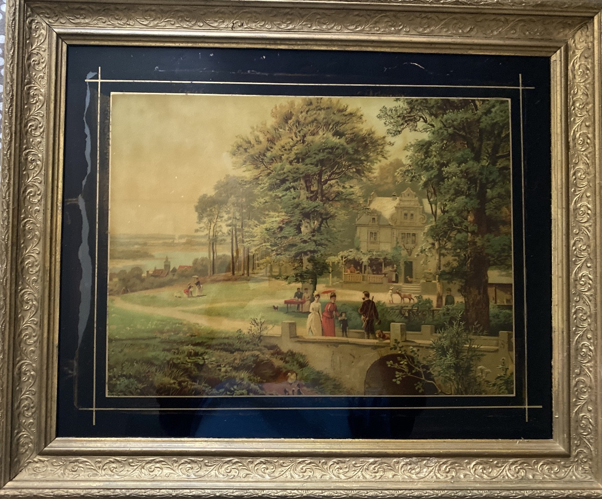 Polychrome Glass Painting – Scene Of Bourgeois Life Circa 1880