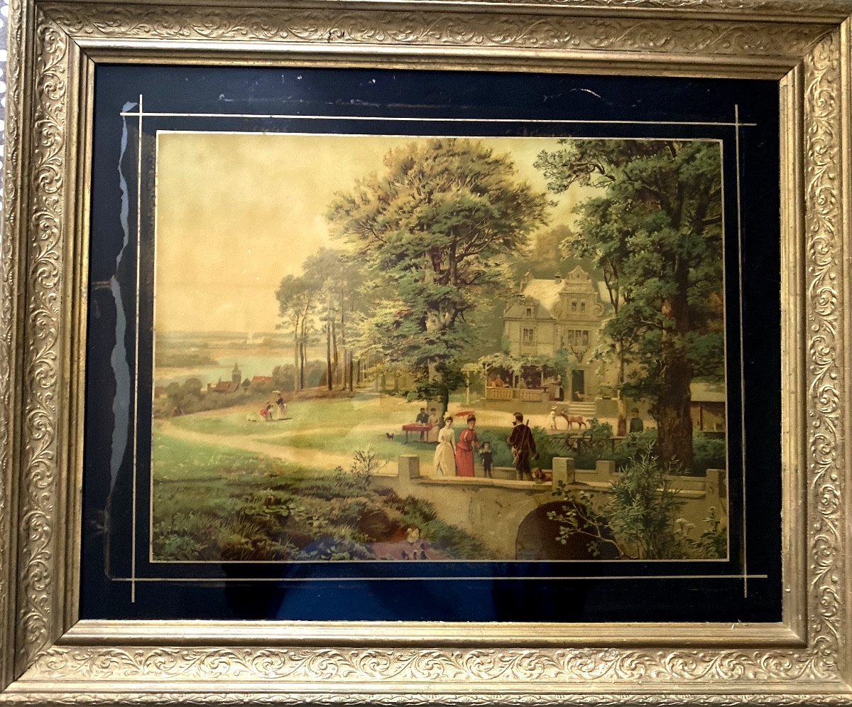 Polychrome Glass Painting – Scene Of Bourgeois Life Circa 1880