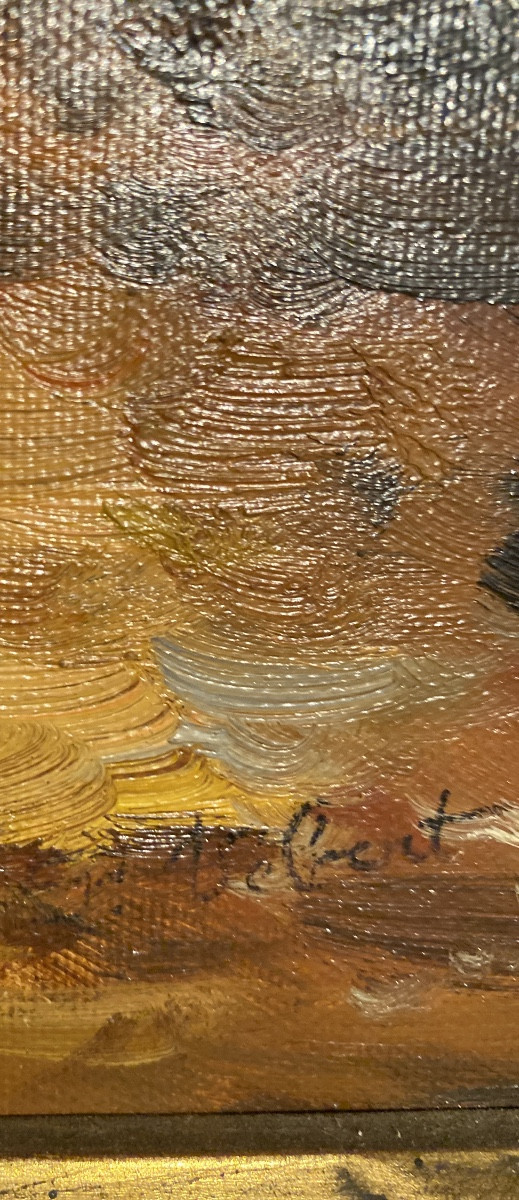 Huile sur toile signée Vebert – Scène de village côtier animé-photo-2