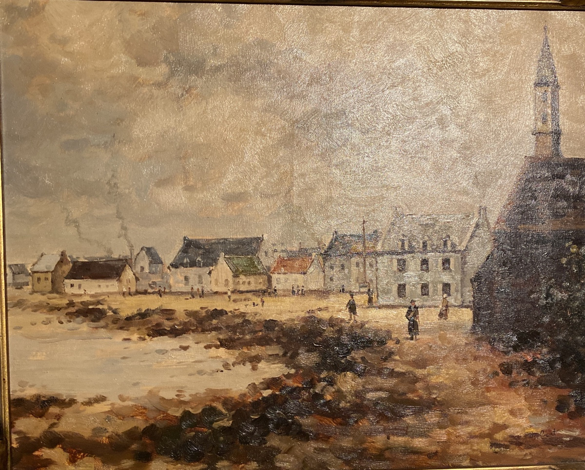 Huile sur toile signée Vebert – Scène de village côtier animé-photo-3