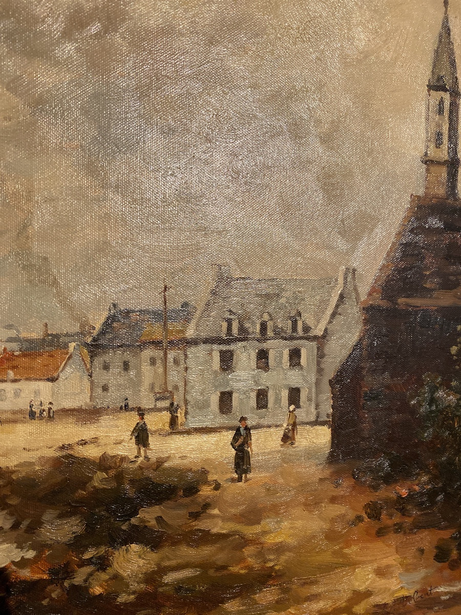 Huile sur toile signée Vebert – Scène de village côtier animé-photo-1