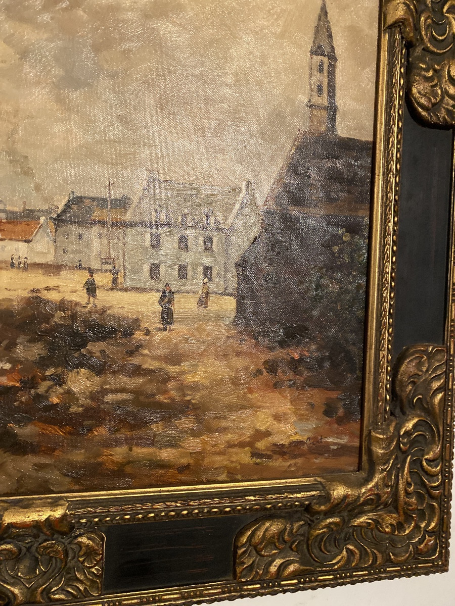 Huile sur toile signée Vebert – Scène de village côtier animé-photo-5