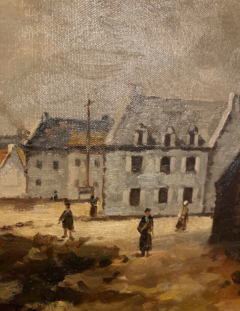 Huile sur toile signée Vebert – Scène de village côtier animé-photo-7
