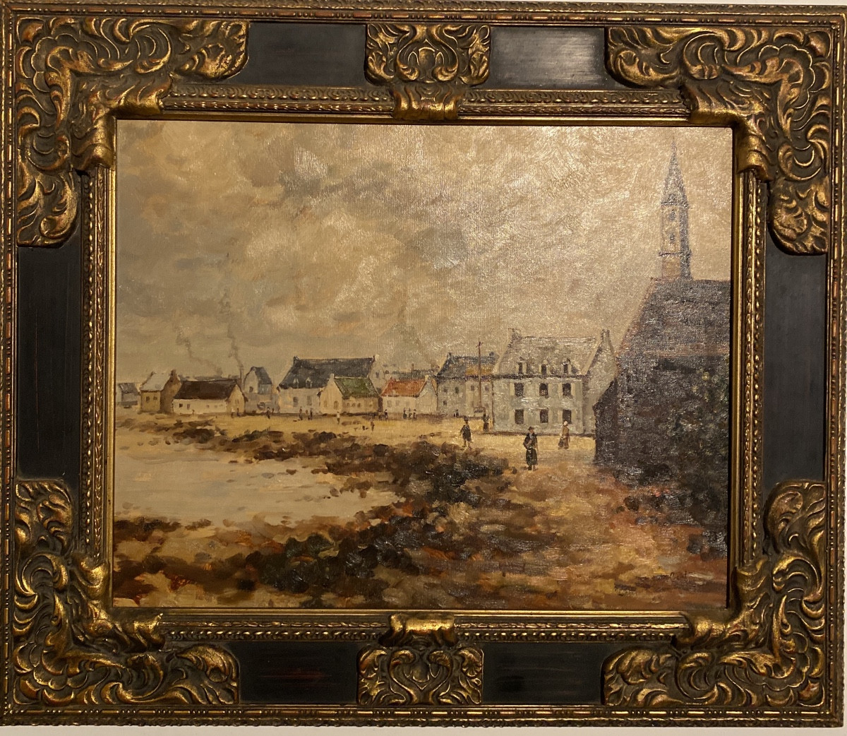 Huile sur toile signée Vebert – Scène de village côtier animé