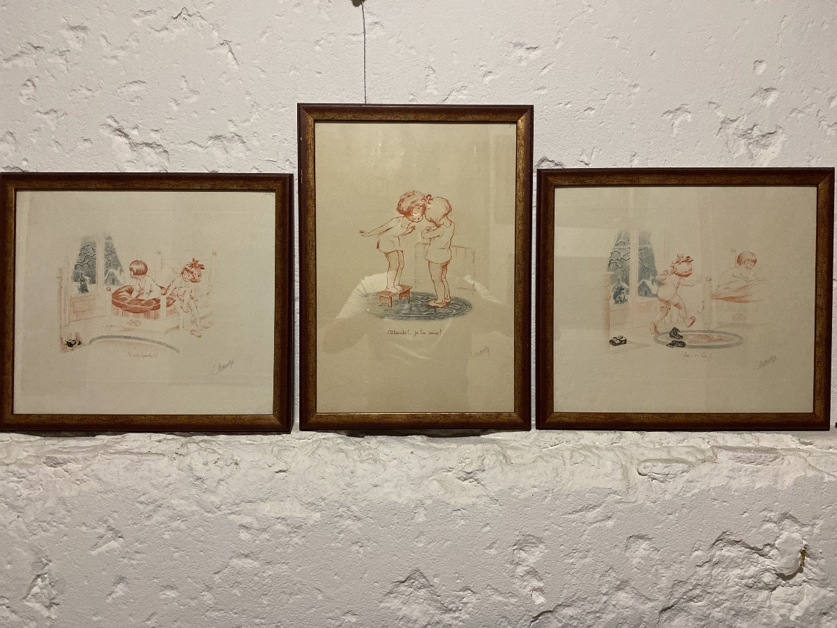 Émile Renaudin (pseudonyme E. Naudy) – Suite de trois lithographies rehaussées et signées au cr
