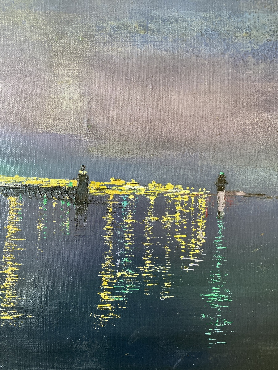 Illuminated Port – Night View Of The Sea Artist: Anne-françoise Comte-rommens (20th-21st Centuries)-photo-2