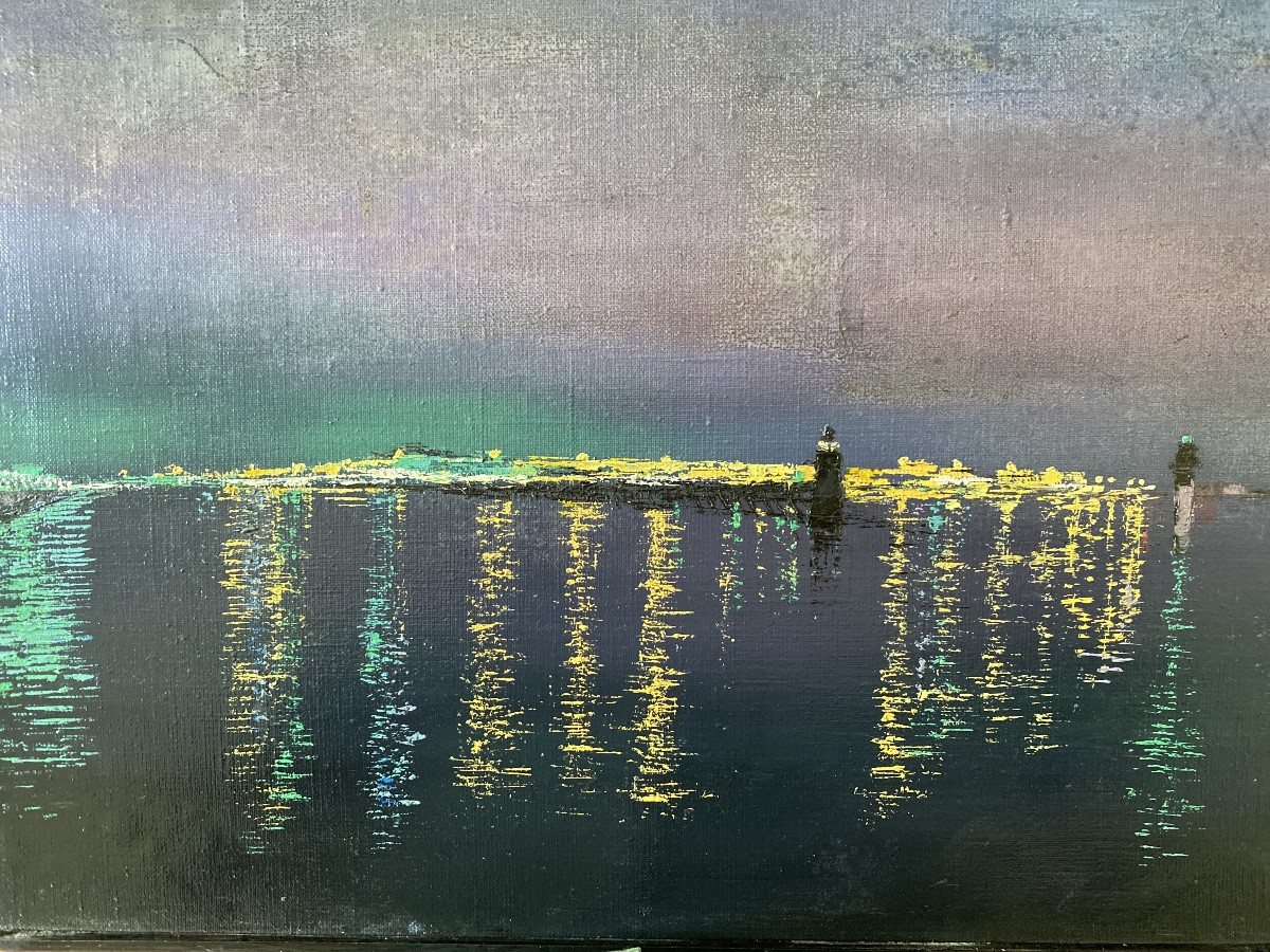Illuminated Port – Night View Of The Sea Artist: Anne-françoise Comte-rommens (20th-21st Centuries)-photo-5