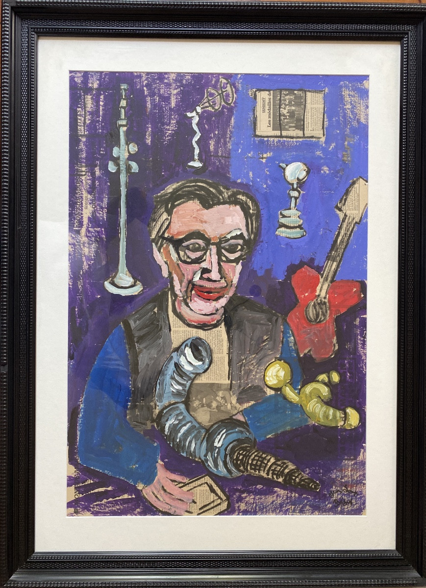 “jean-loup Bézos – Portrait Of Claude Viseux – Mixed Media On Landes Press”