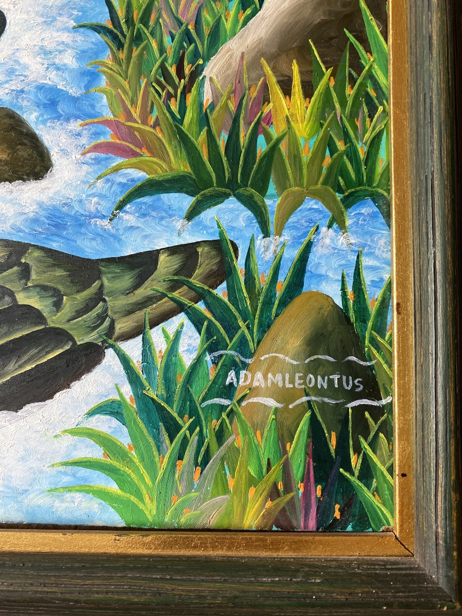 Adam Leontus (1923-1986) – Scène tropicale aux canards Huile sur bois.-photo-2