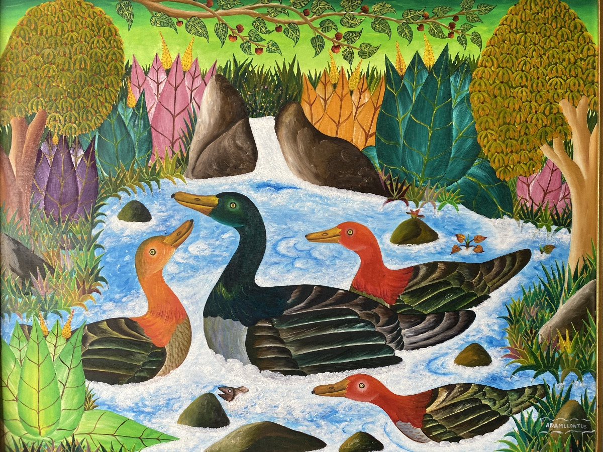 Adam Leontus (1923-1986) – Scène tropicale aux canards Huile sur bois.-photo-4