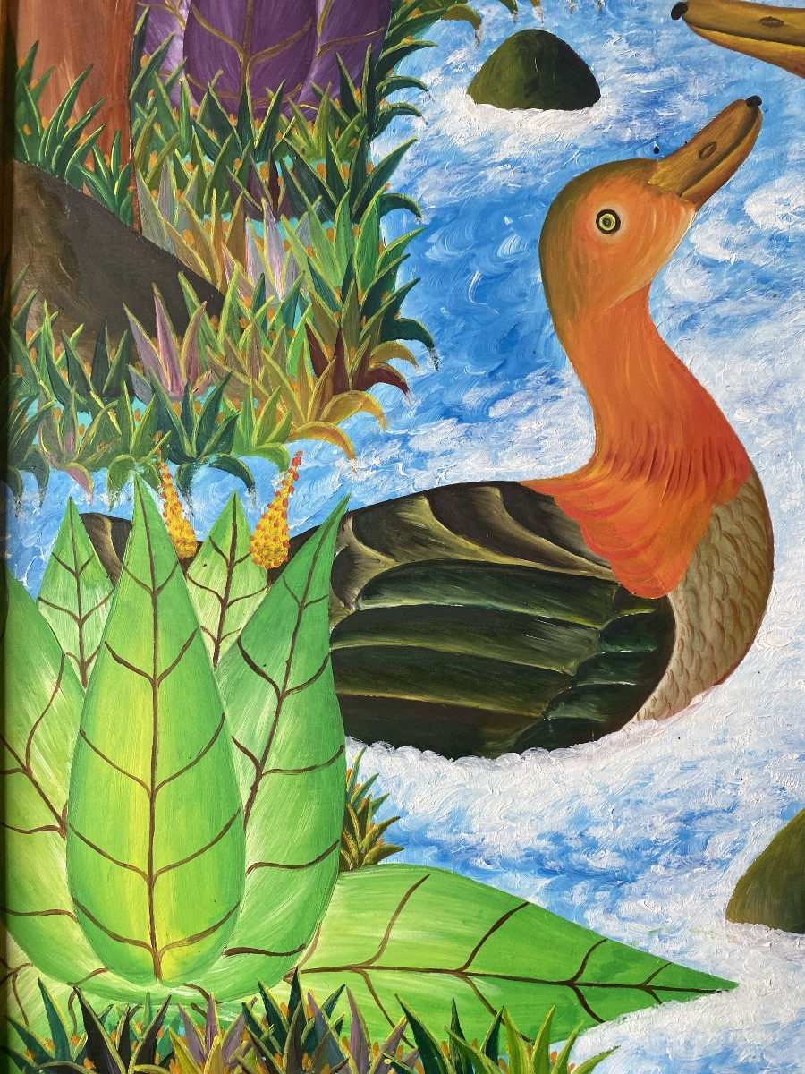 Adam Leontus (1923-1986) – Scène tropicale aux canards Huile sur bois.-photo-1