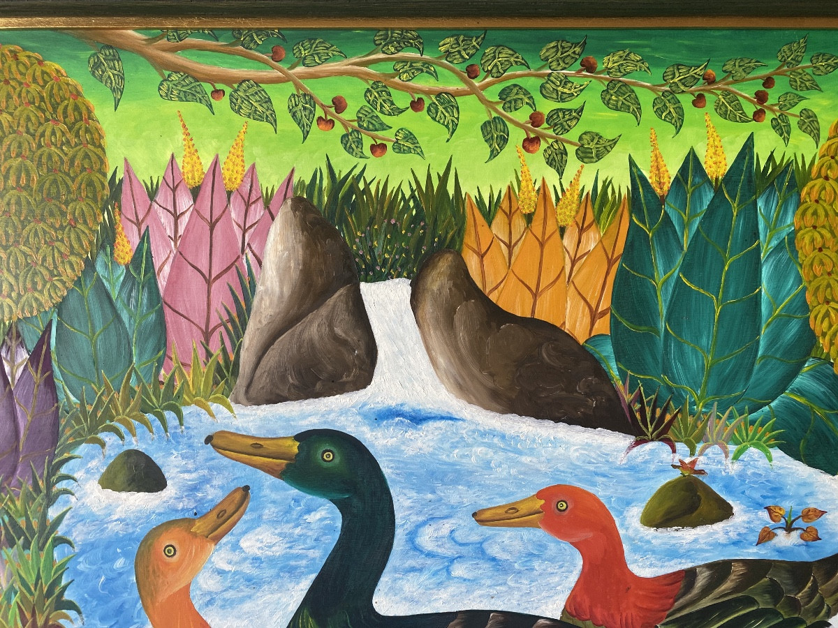 Adam Leontus (1923-1986) – Scène tropicale aux canards Huile sur bois.-photo-4