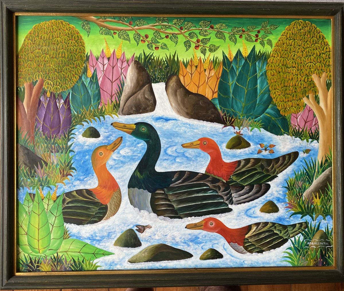 Adam Leontus (1923-1986) – Scène tropicale aux canards Huile sur bois.
