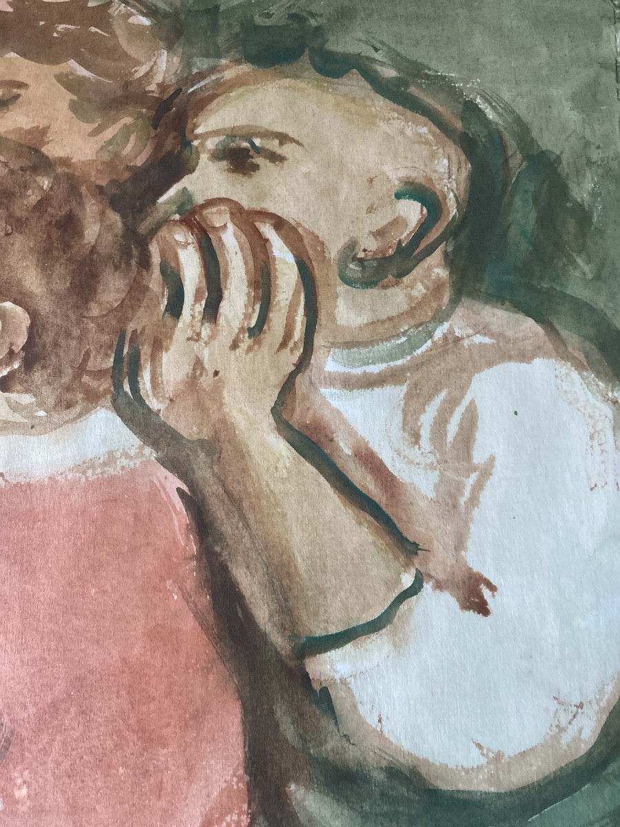 Maurice-louis Savin (1894-1973) “the Conversation” Watercolor On Watermarked Arches Paper.-photo-2