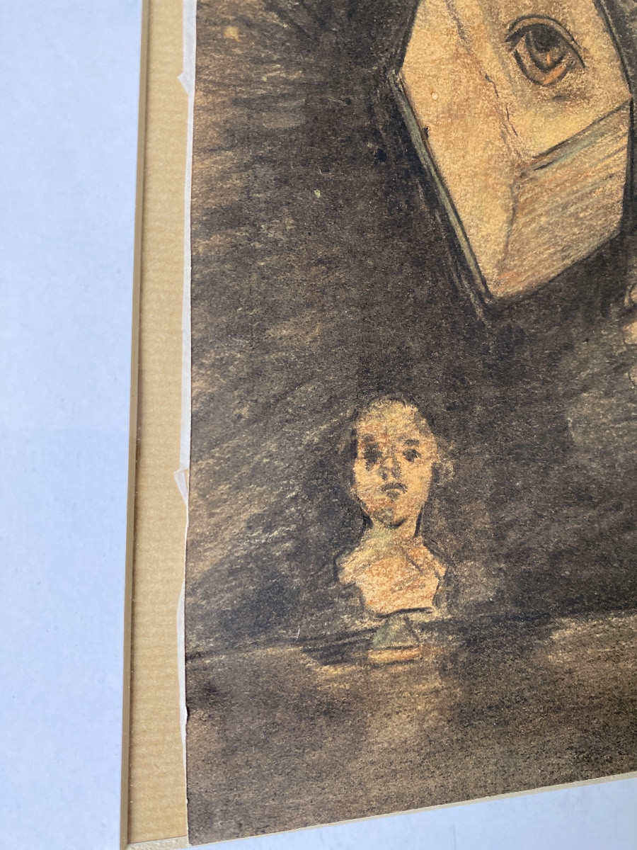 Attributed To Odilon Redon (1840-1916) – Symbolist Charcoal, “eye Cube”-photo-3