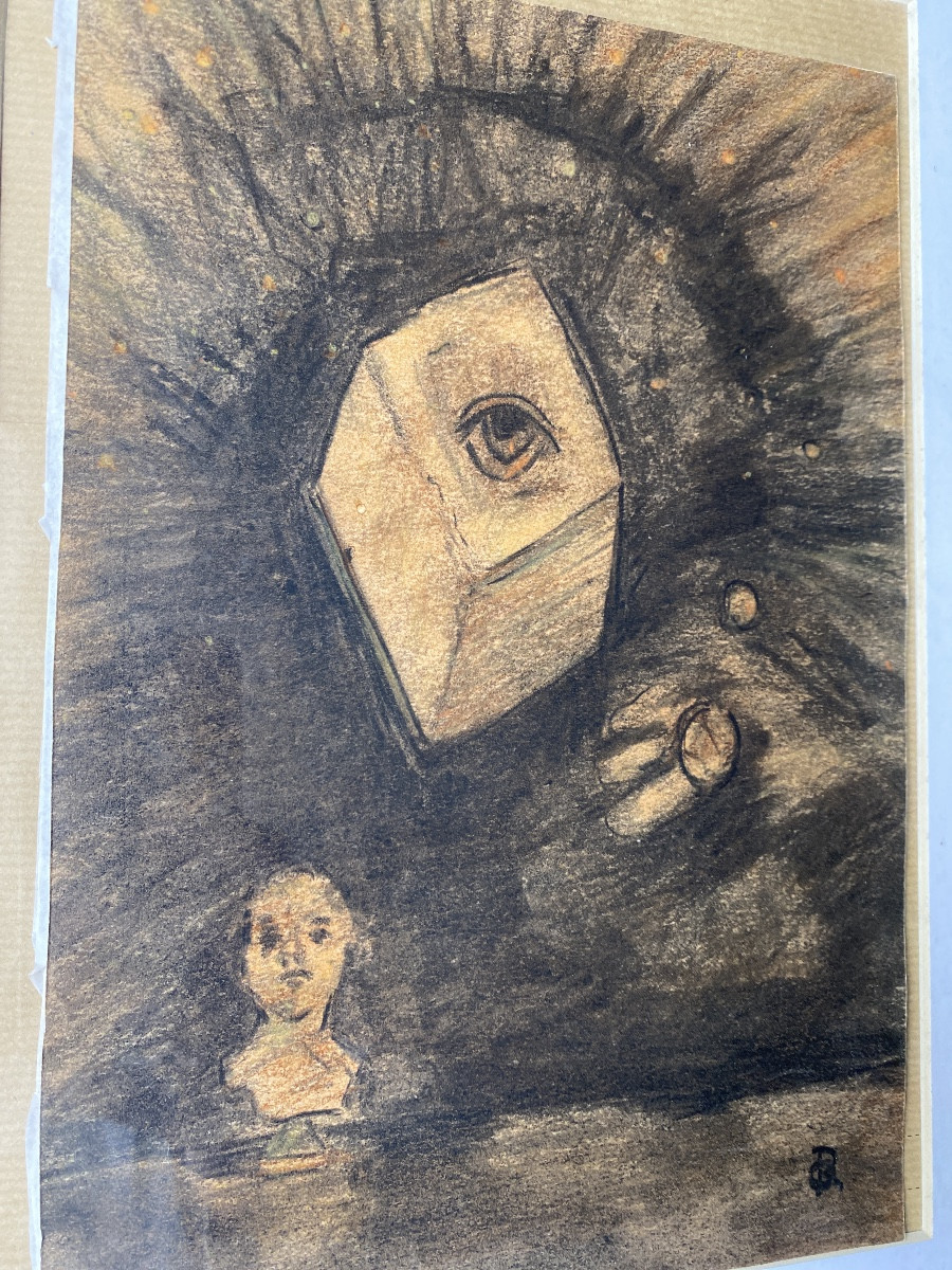 Attributed To Odilon Redon (1840-1916) – Symbolist Charcoal, “eye Cube”-photo-4