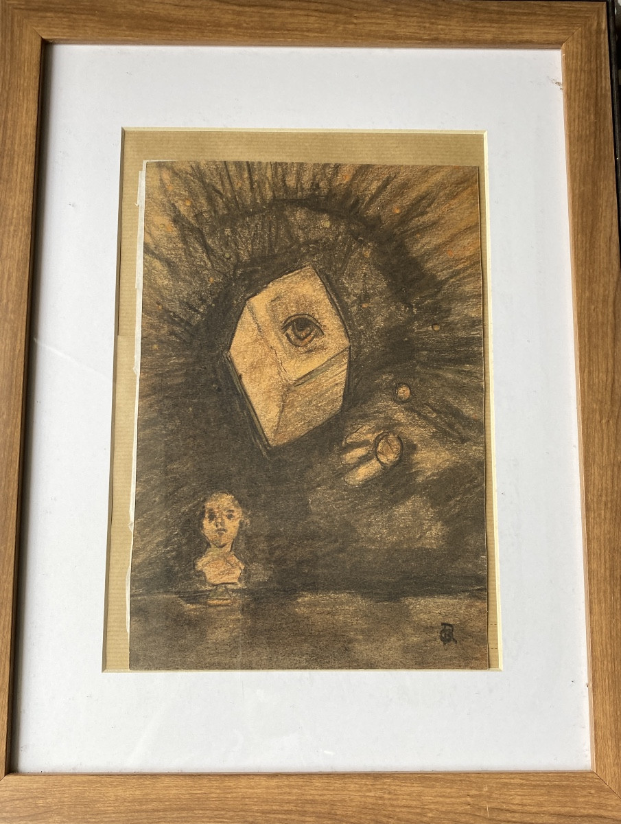 Attributed To Odilon Redon (1840-1916) – Symbolist Charcoal, “eye Cube”-photo-1