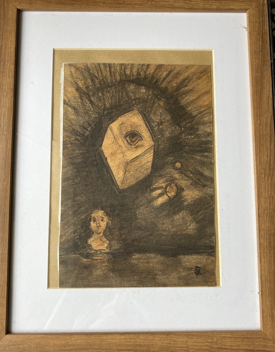 Attributed To Odilon Redon (1840-1916) – Symbolist Charcoal, “eye Cube”-photo-2