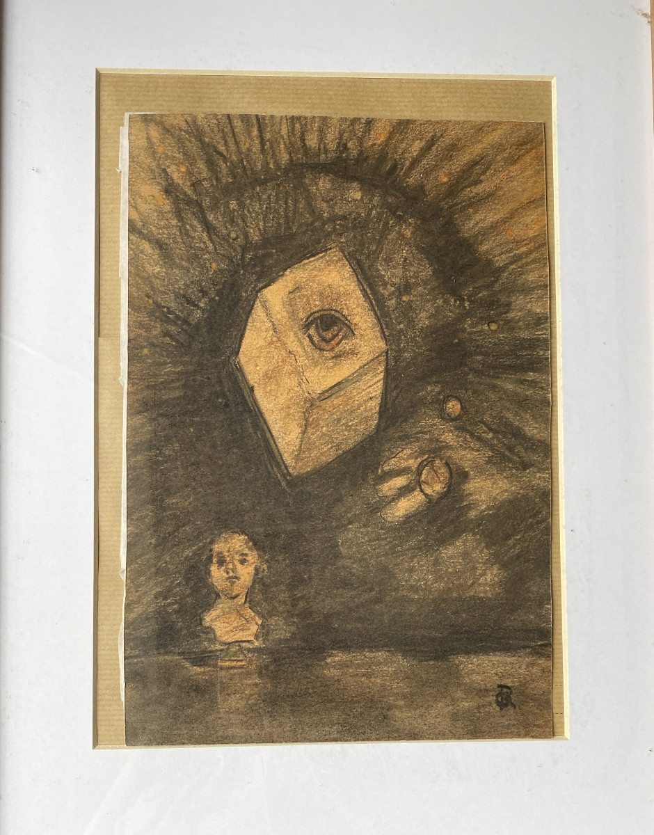 Attributed To Odilon Redon (1840-1916) – Symbolist Charcoal, “eye Cube”-photo-3