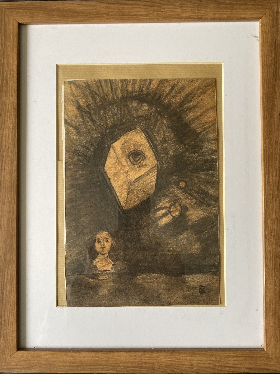 Attributed To Odilon Redon (1840-1916) – Symbolist Charcoal, “eye Cube”
