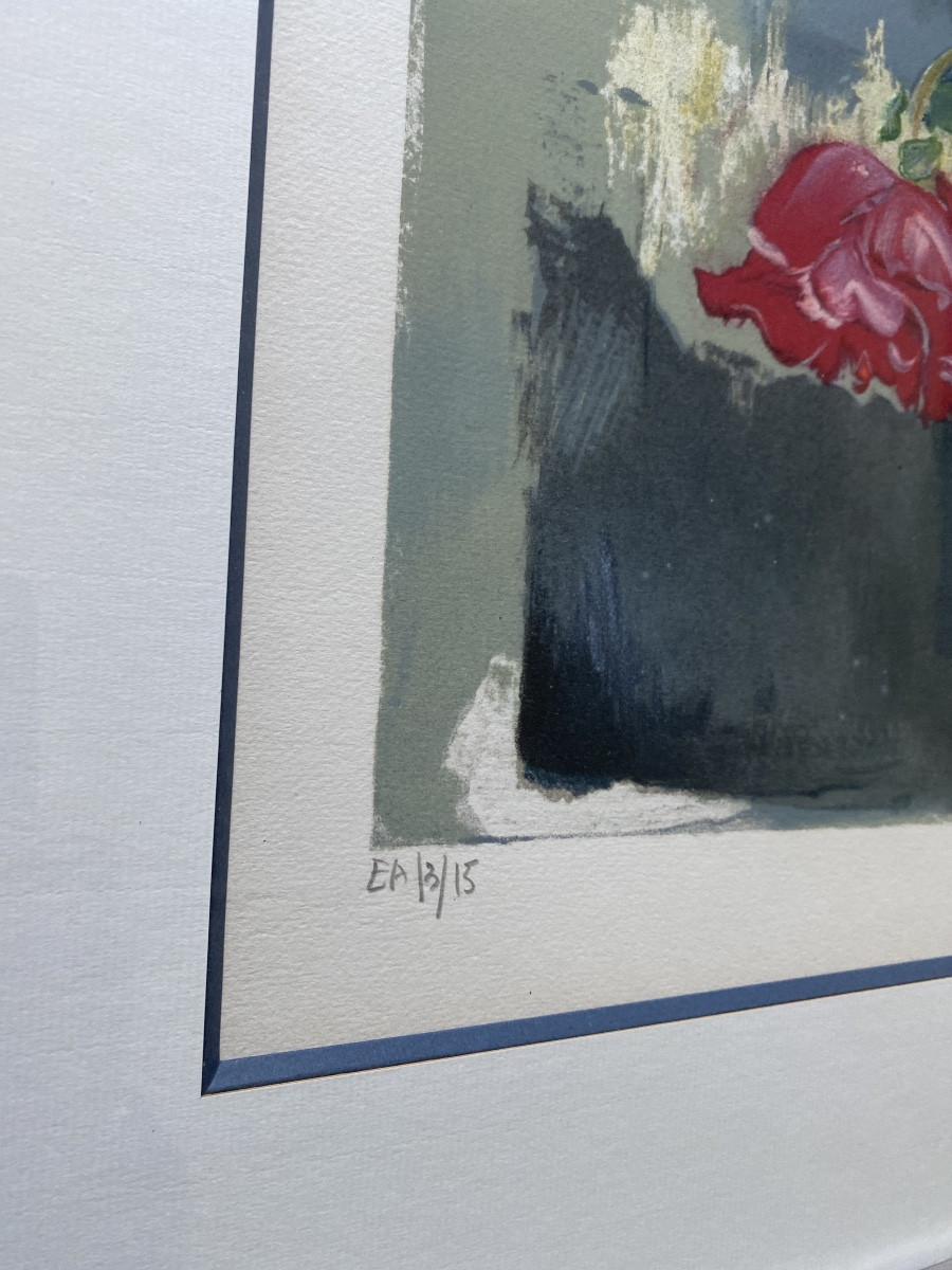 Louis Travert (1919) – Original Lithograph Signed “bouquet Of Roses”-photo-2