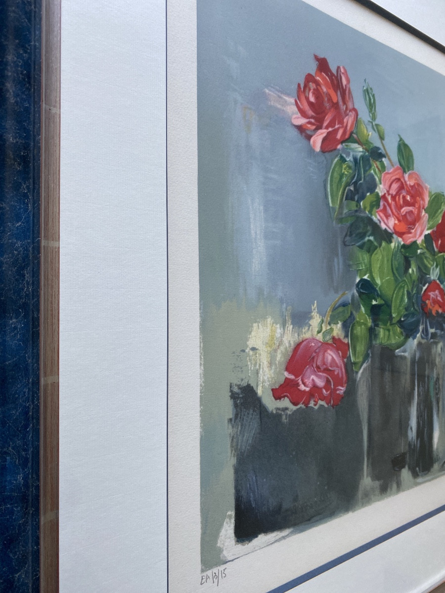Louis Travert (1919) – Original Lithograph Signed “bouquet Of Roses”-photo-1