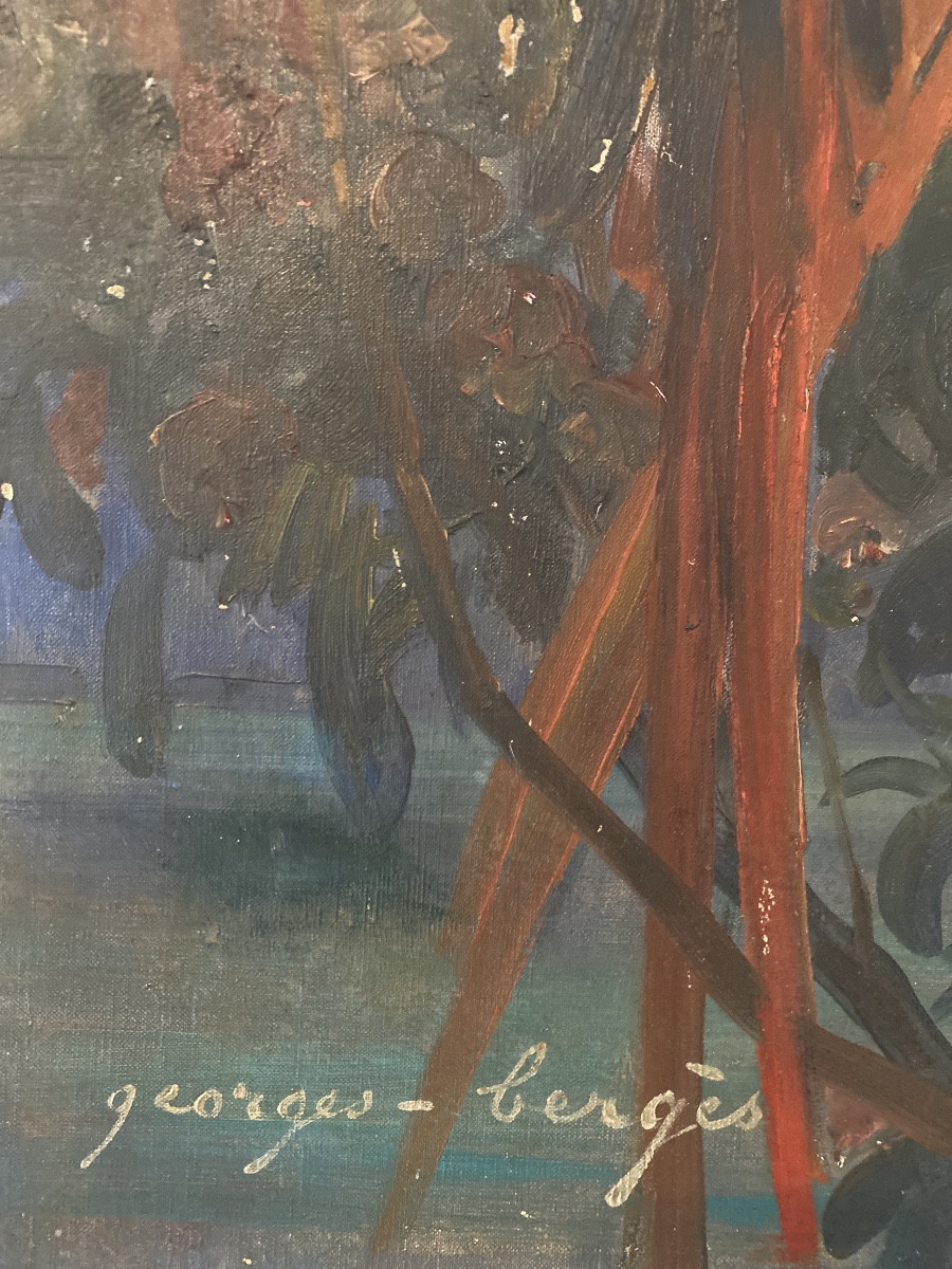 Georges Bergès (1870-1934) — “parrots And Cockatoos In The Orange Trees” Large Art Deco Oil Painting -photo-2