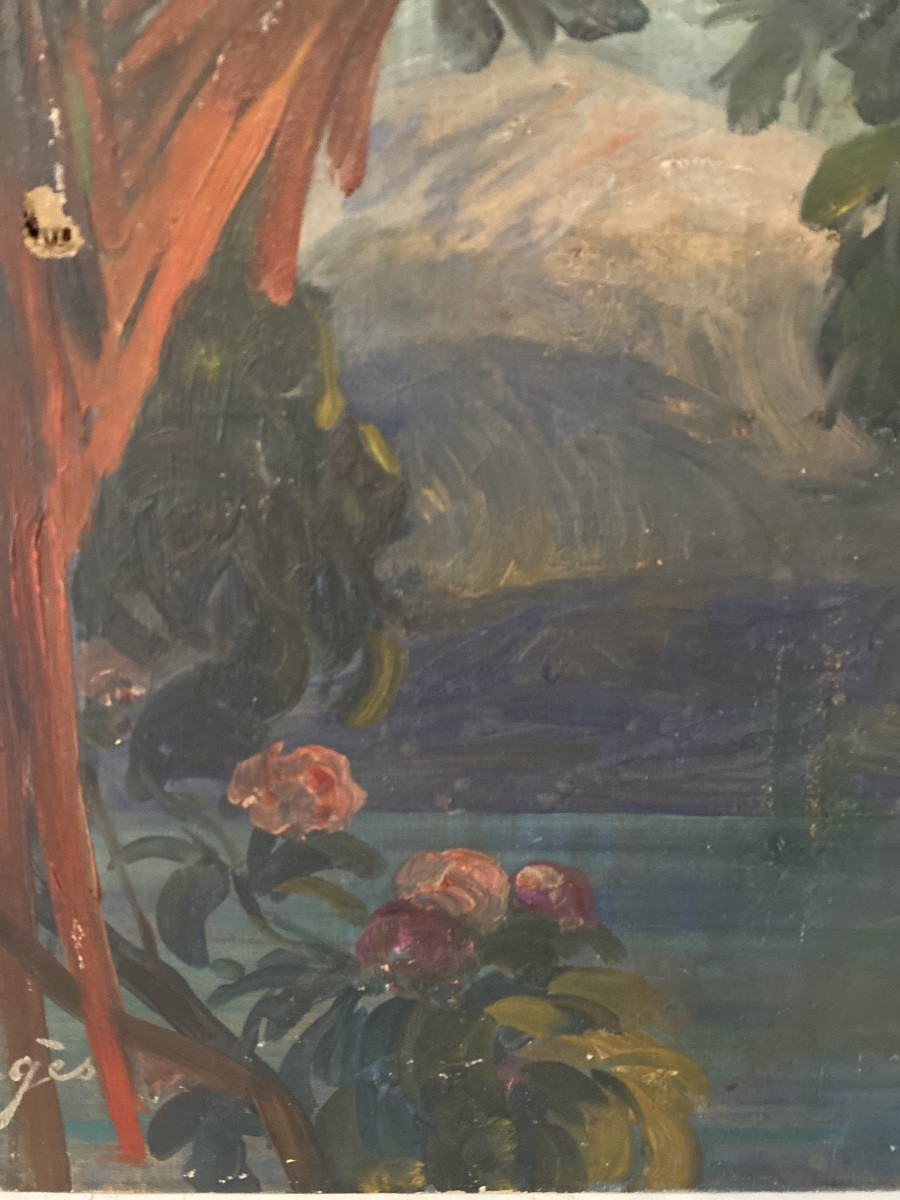 Georges Bergès (1870-1934) — “parrots And Cockatoos In The Orange Trees” Large Art Deco Oil Painting -photo-1