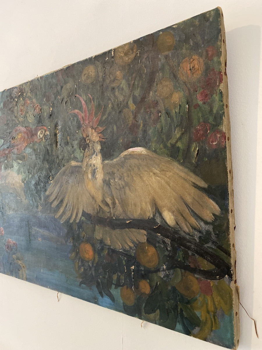 Georges Bergès (1870-1934) — “parrots And Cockatoos In The Orange Trees” Large Art Deco Oil Painting -photo-5