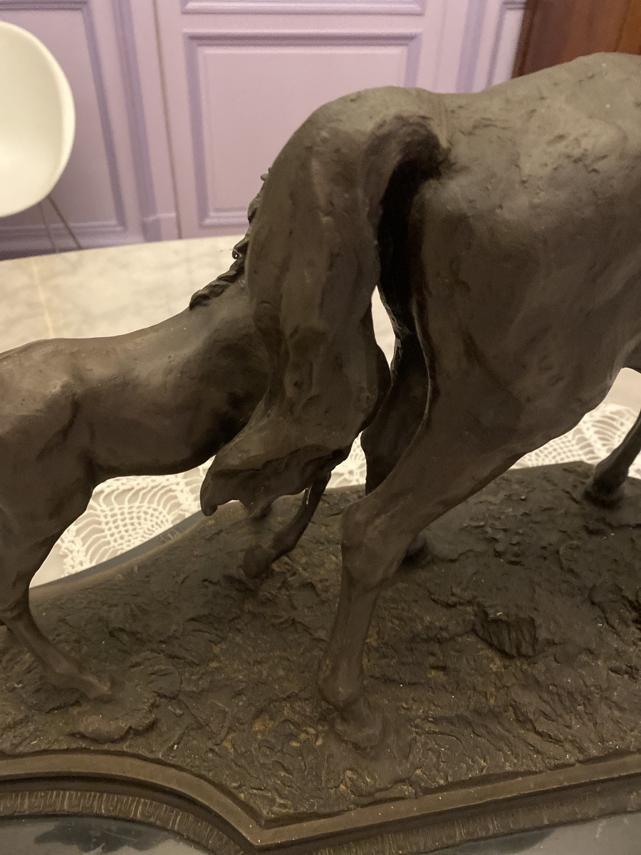 Solid Bronze – Mare And Her Foal. Antique Cast, C. 1970–1990-photo-4