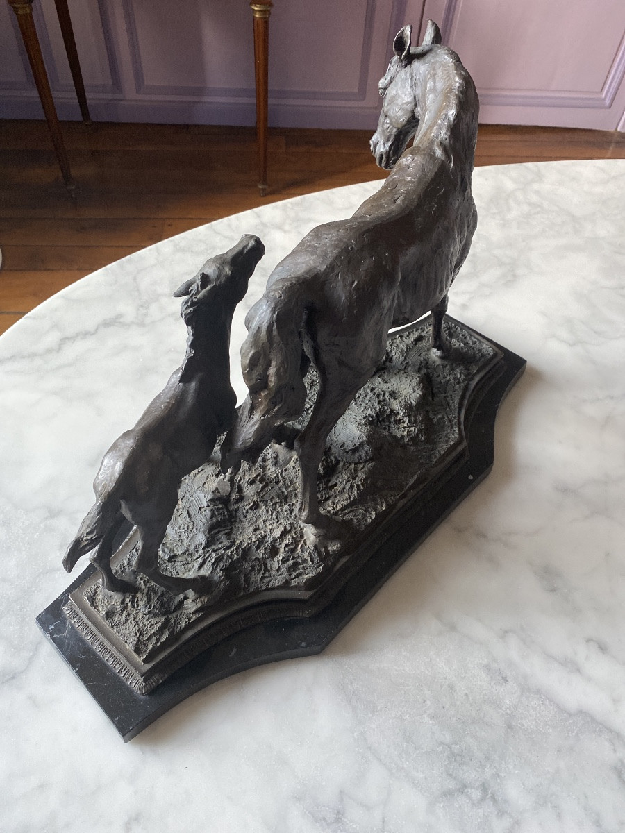 Solid Bronze – Mare And Her Foal. Antique Cast, C. 1970–1990-photo-3