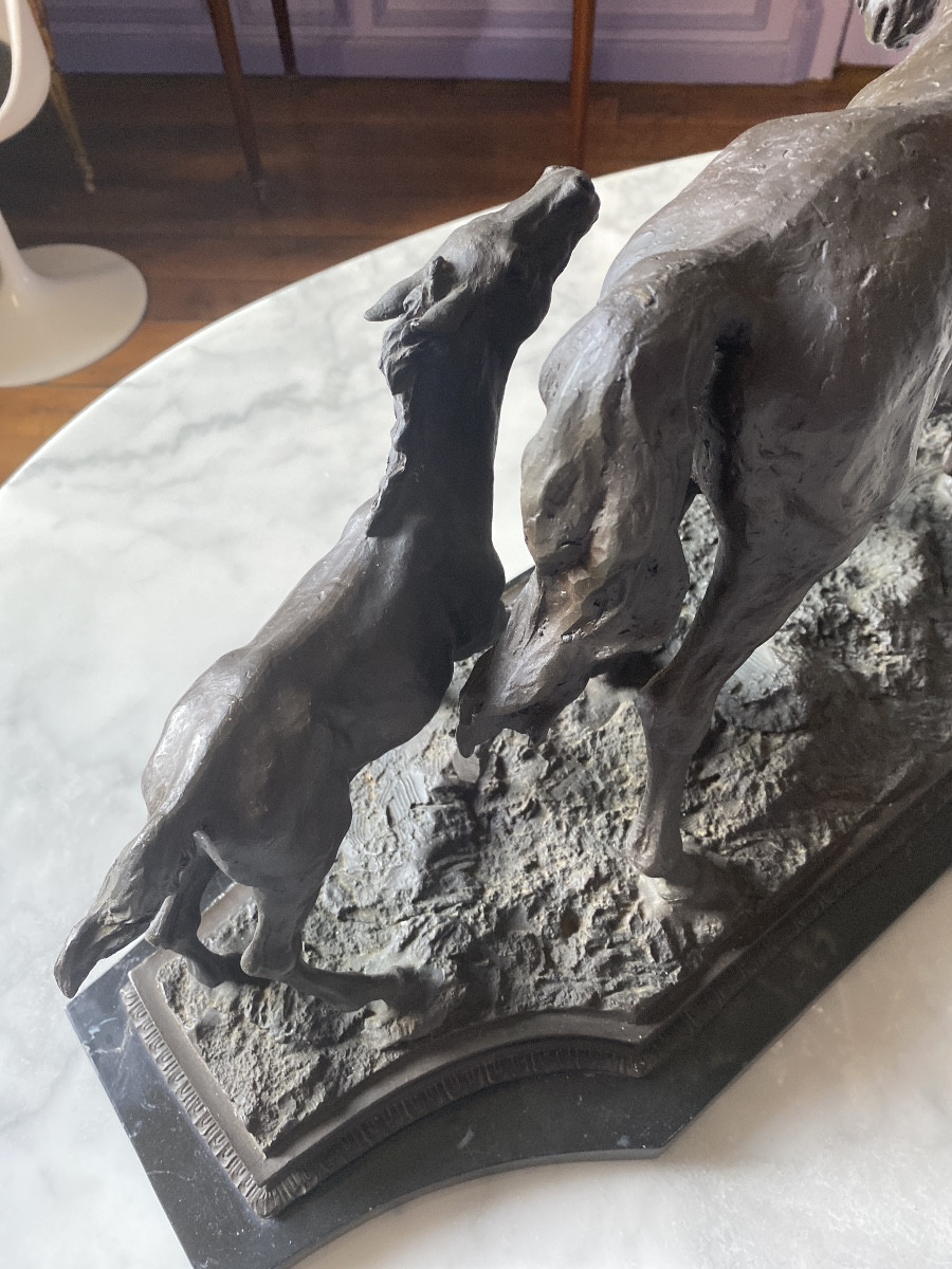 Solid Bronze – Mare And Her Foal. Antique Cast, C. 1970–1990-photo-4