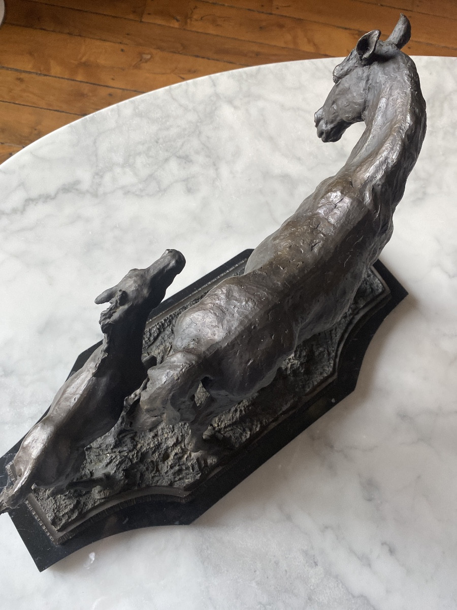 Solid Bronze – Mare And Her Foal. Antique Cast, C. 1970–1990-photo-5