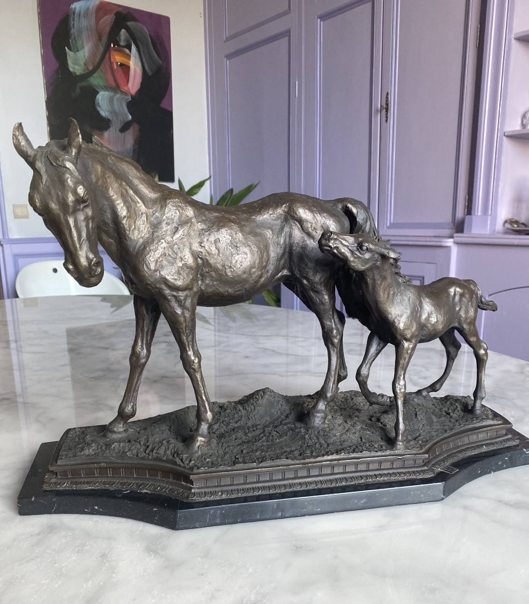 Solid Bronze – Mare And Her Foal. Antique Cast, C. 1970–1990
